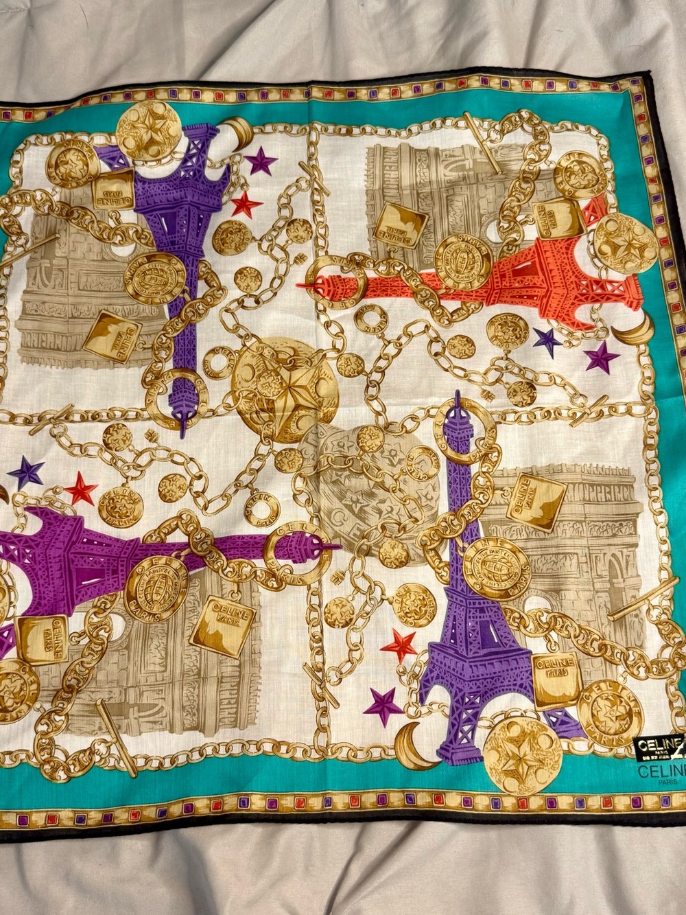 Vintage CELINE Paris Eiffel Tower Chain Print Scarf / Handkerchief